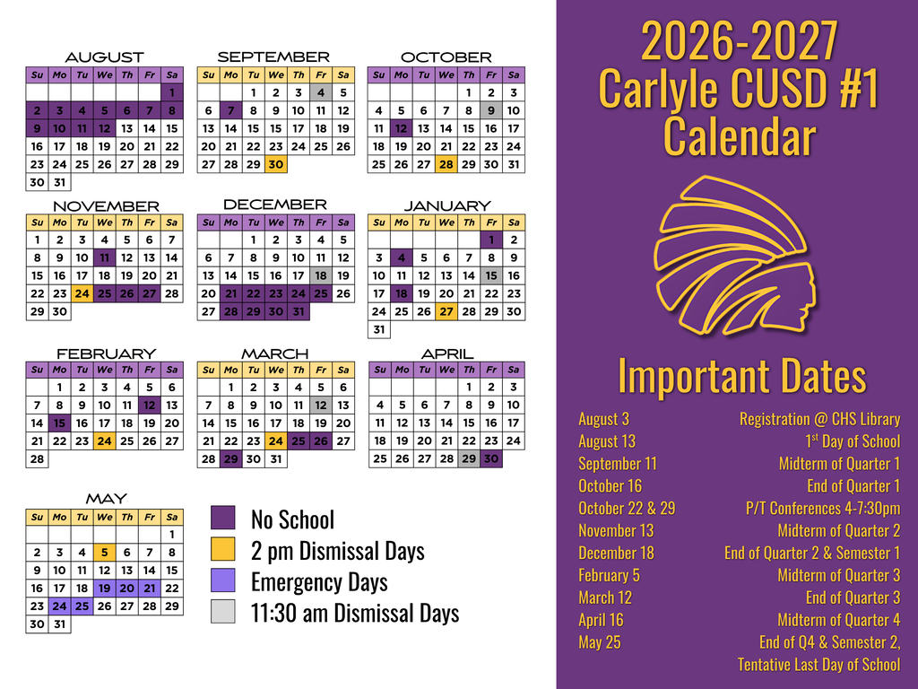 The official 2026-2027 school calendar poster for Carlyle CUSD #1, featuring a purple and gold color scheme with the school district's Indian head logo. The right side lists "Important Dates" including registration on August 3, the first day of school on August 13, and various quarter/semester end dates, ending with the tentative last day of school on May 25. The left side displays monthly calendar grids from August through May, color-coded with a legend at the bottom. Purple blocks indicate "No School" days, yellow blocks show "2 pm Dismissal Days," light purple blocks mark "Emergency Days," and grey blocks indicate "11:30 am Dismissal Days."