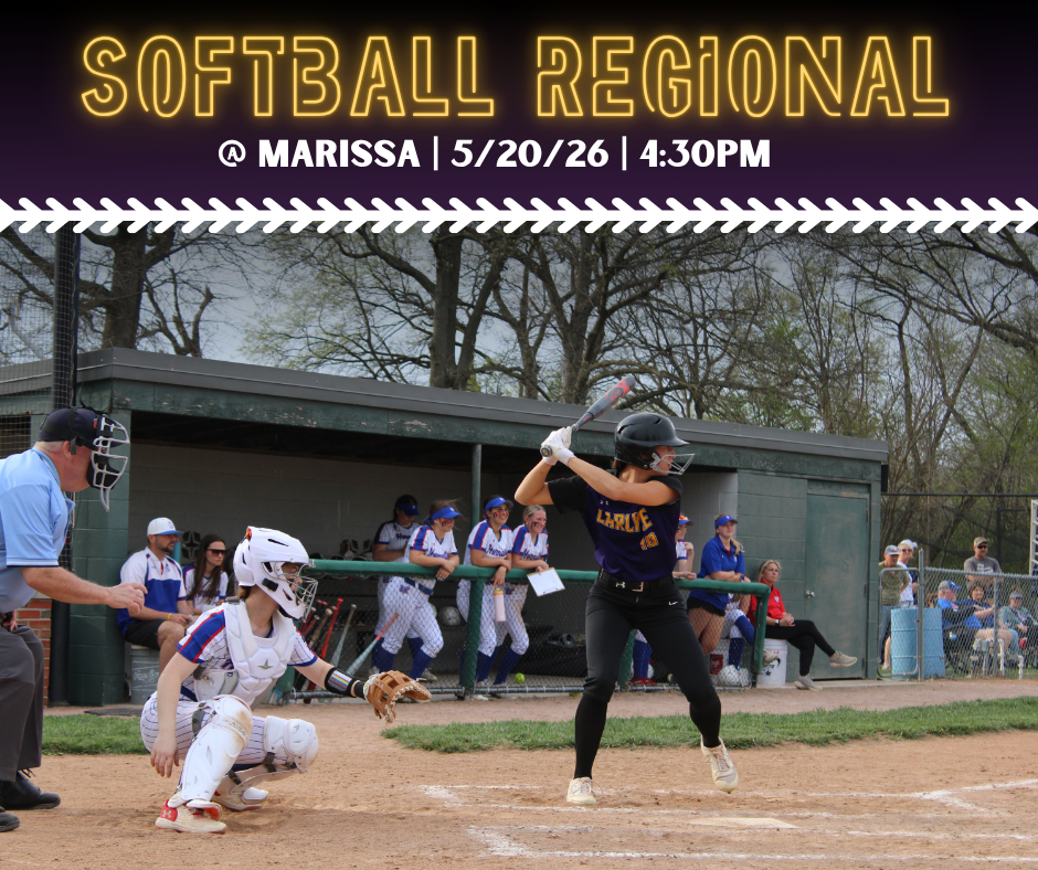 This image is a promotional graphic for a high school softball regional game. The top third of the image has a dark purple background featuring the text "SOFTBALL REGIONAL" in a large, yellow neon-style font. Below this, white text reads "@ MARISSA | 5/20/26 | 4:30PM". A white decorative border resembling the stitching on a softball separates the header from the main photo. The middle section features an action shot from a softball game. A batter in a purple and gold "CARLYLE" jersey and black pants is mid-swing at home plate. A catcher in white and blue gear and a home plate umpire are positioned behind her. In the background, teammates in white and blue uniforms watch from a green dugout, and spectators are visible behind a chain-link fence.