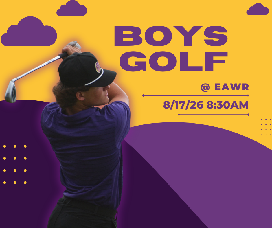 Graphic promoting Boys Golf at EAWR on August 17, 2026, at 8:30 AM. The design features a golfer swinging a club in the foreground, with purple and gold graphics, clouds, and large text reading “BOYS GOLF,” “@ EAWR,” and “8/17/26 8:30 AM.