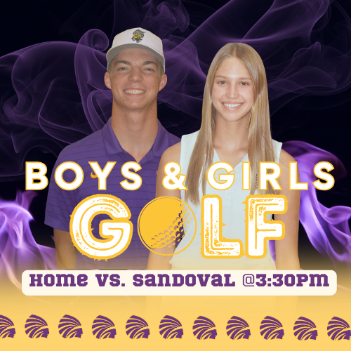 Promotional graphic for Boys & Girls Golf: Home vs. Sandoval at 3:30 PM. Features a male and female student golfer smiling in front of a purple smoky background with yellow lettering.