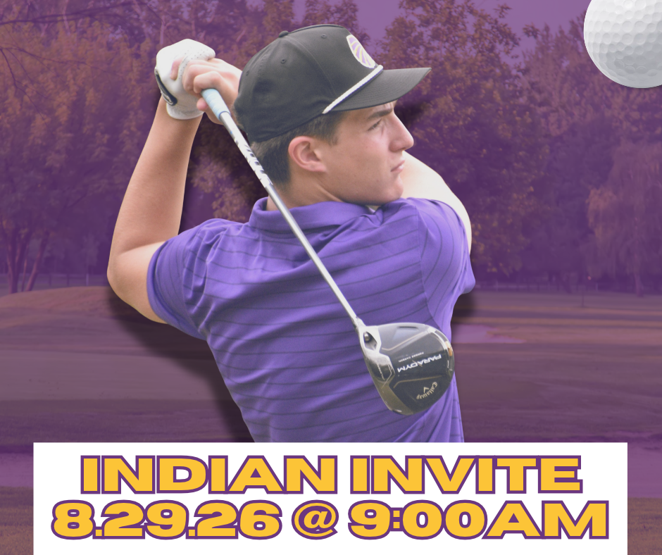 Promotional graphic for the Indian Invite golf tournament on 8.29.26 @ 9:00 AM, featuring a male golfer at the top of his swing.