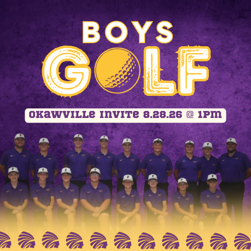 Promotional graphic for Boys Golf: Okawville Invite on 8.28.26 @ 1PM, featuring a team photo of the players and coaches against a purple background.