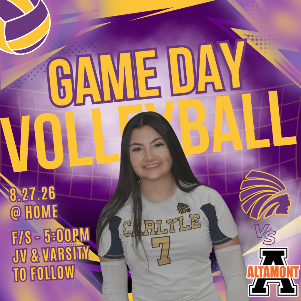 A dynamic purple, yellow, and white graphic featuring a smiling volleyball player with long dark hair wearing a white and navy Carlyle #7 jersey and white arm sleeves centered in the foreground. The background incorporates dynamic purple geometric patterns, light smoke, a volleyball court net graphic, and a purple/yellow volleyball in the top-left corner. Main Title: "GAME DAY VOLLEYBALL" in large yellow stylized block letters. Date & Location (Bottom Left): 8.27.26 @ HOME Times (Bottom Left): F/S - 5:00PM JV & VARSITY TO FOLLOW Matchup Logos (Bottom Right): The Carlyle Indian head logo above "VS" and the Altamont "A" logo.