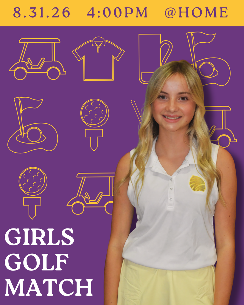 A promotional graphic for a girls’ golf match. The purple-and-gold design features golf-themed line illustrations, including golf carts, shirts, flags, and golf balls. A smiling young golfer in a white polo and yellow bottoms stands on the right side. Text at the top reads “8.31.26 4:00 PM @ HOME,” and large text at the bottom reads “GIRLS GOLF MATCH.