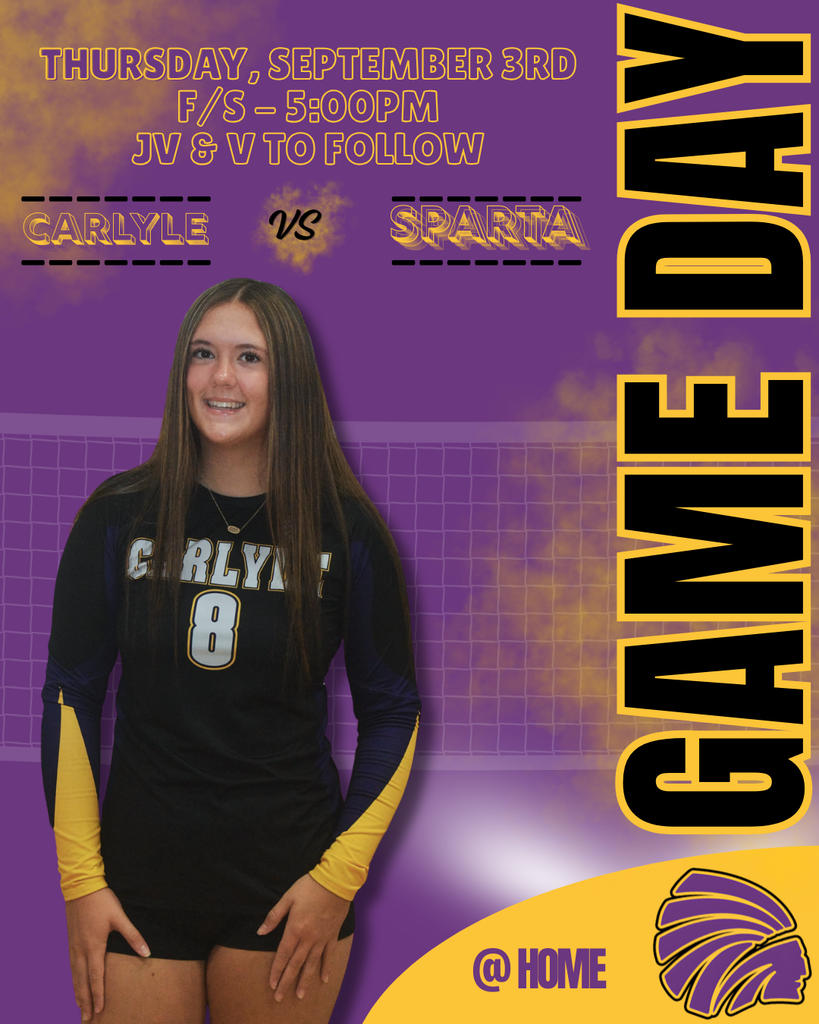 A volleyball game graphic featuring a smiling Carlyle player wearing jersey number 8 in a black, purple, and gold uniform. Text announces Carlyle vs. Sparta on Thursday, September 3rd, with freshman/sophomore at 5:00 PM followed by JV and varsity. The graphic includes a volleyball net background, purple and gold smoke effects, a large vertical “INDIANS” design, and “@ HOME” with a Indians logo at the bottom.