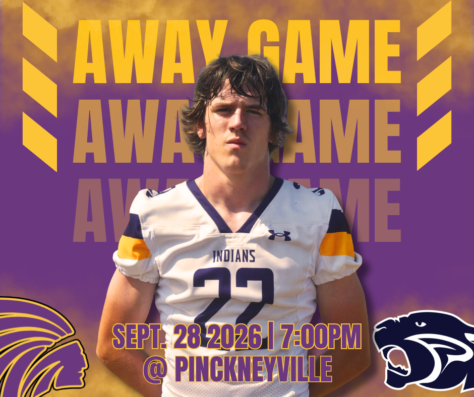 Graphic promoting an away football game featuring a Carlyle Indians football player wearing jersey number 22. Purple and gold graphic with large “AWAY GAME” text in the background. The game is scheduled for September 28, 2026, at 7:00 PM in Pinckneyville. Carlyle and Pinckneyville football logos appear in the bottom corners