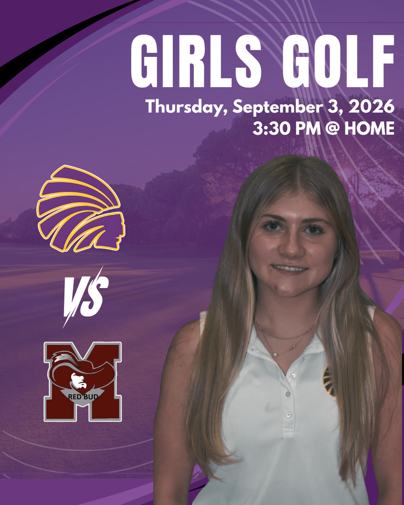 Carlyle Indians Girls Golf graphic featuring a student golfer. The graphic announces a girls golf match on Thursday, September 3, 2026, at 3:30 PM at home. The Carlyle Indians logo appears above a “VS” graphic and the Red Bud Musketeers logo. The design uses purple and gold school colors with a golf course background.