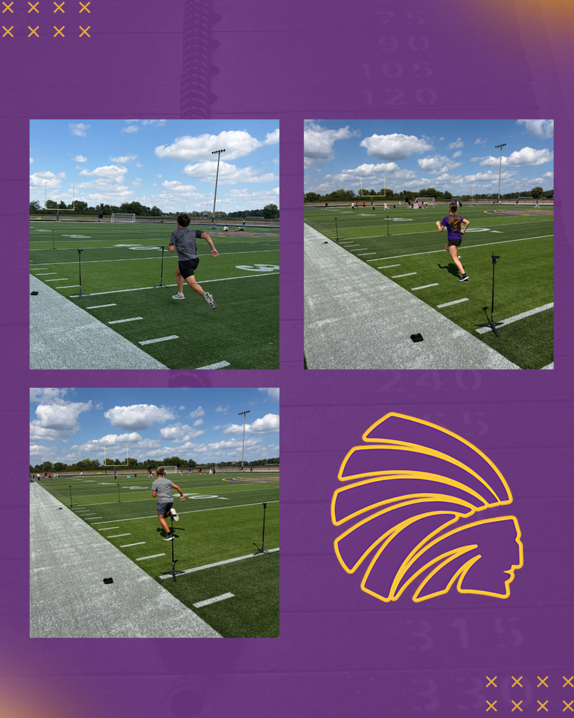 A collage featuring three outdoor action photos of Carlyle students sprinting through speed-tracking sensors on the football field, alongside the yellow Carlyle Indians logo on a purple background.