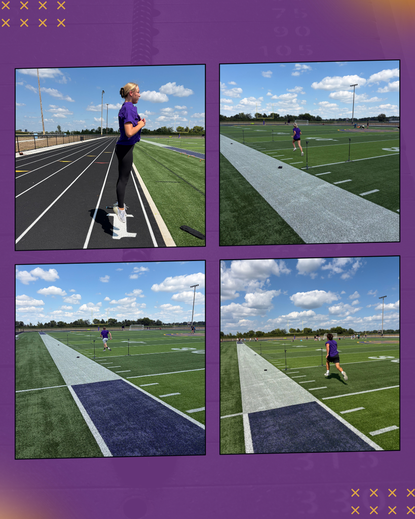 A grid of four photos showing Carlyle students training outdoors under a blue sky. Top left: A female student jumping on a track line. Top right, bottom left, and bottom right: Three individual photos of students sprinting down a turf football field through timing gates.
