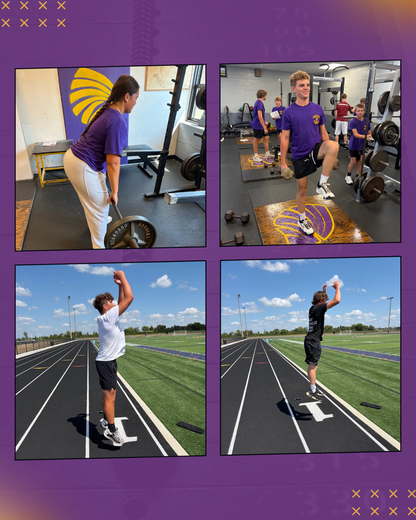 A grid of four photos showing Carlyle High School students during athletic training. Top left: A female student performing a barbell deadlift in a weight room. Top right: A male student lifting dumbbells during single-leg exercises. Bottom left & right: Two male students performing broad jumps on an outdoor running track next to a football field.