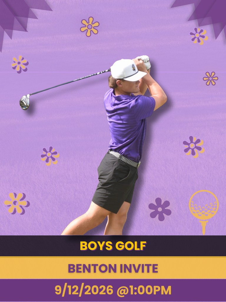 A golf tournament flyer with a golfer swinging a club against a purple, floral-themed background. Text reads: “BOYS GOLF — BENTON INVITE — 9/12/2026 @ 1:00 PM.”