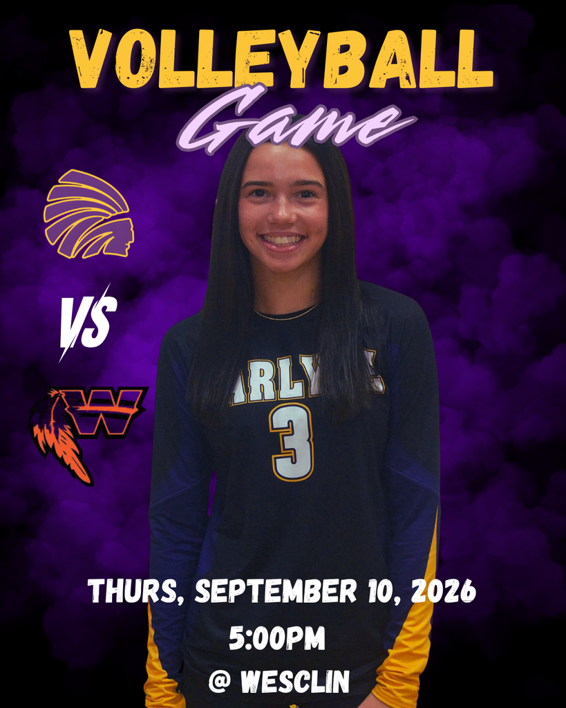 Girls volleyball game graphic featuring a Carlyle player in a No. 3 jersey, with Carlyle and Wesclin team logos. The graphic announces Carlyle vs. Wesclin on Thursday, September 10, 2026, at 5:00 PM, at Wesclin.