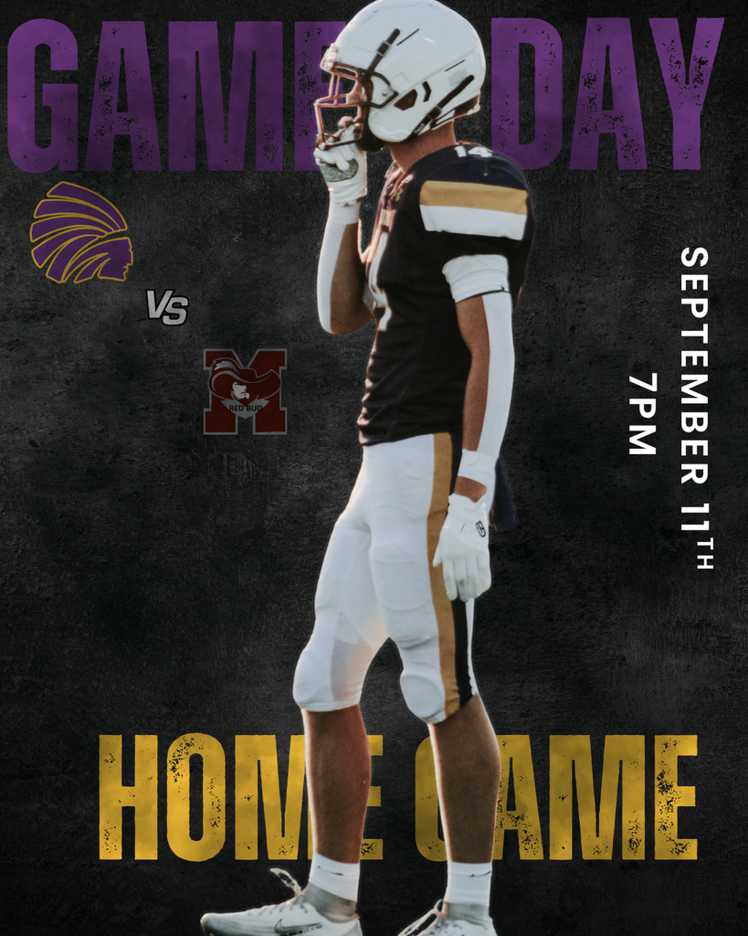  Game day football poster featuring a player in a purple, gold, and white uniform standing against a dark textured background. Large purple text reads “GAME DAY” at the top, with team logos Carlyle Indians “VS” Red Bud Musketeers in the center. Vertical text on the right reads “SEPTEMBER 11TH, 7 PM,” and large gold text at the bottom says “HOME GAME.”