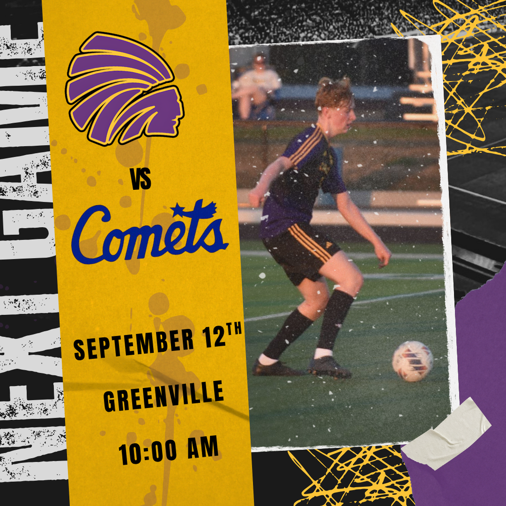 Soccer match poster featuring a player in a purple-and-gold uniform playing on a field. The poster announces the team matchup “VS Comets,” with the date September 12, location Greenville, and kickoff time 10:00 AM. The design uses bold yellow, purple, black, and white colors with a grunge-style background. 