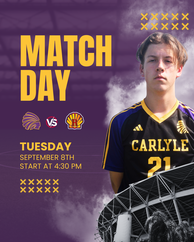 A Match Day graphic for a Carlyle soccer game featuring a male player in a black and yellow jersey with the number 21 on the right side. On the left side, bold yellow text reads "MATCH DAY" above two team logos separated by a "VS" graphic. Below the logos, yellow and white text states "TUESDAY, SEPTEMBER 8TH, START AT 4:30 PM." The background has a purple tint with atmospheric clouds, yellow "X" pattern accents in the top-right and lower-left, and a black-and-white image of a stadium roof structure at the bottom right. 
