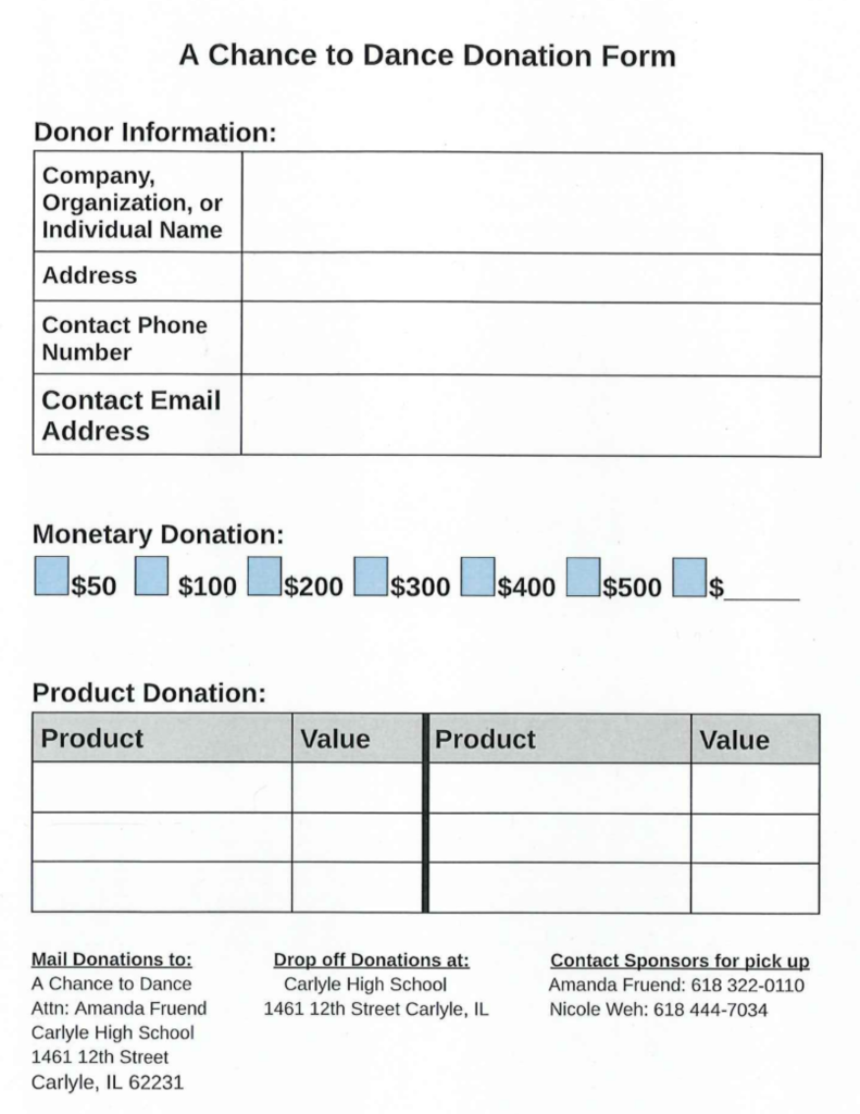 A Chance to Dance Donation Form with spaces for donor name, address, phone number, and email; checkboxes for monetary donations from $50 to $500 or another amount; and a table for listing donated products and their values. The form includes mailing, drop-off, and sponsor pick-up information.
