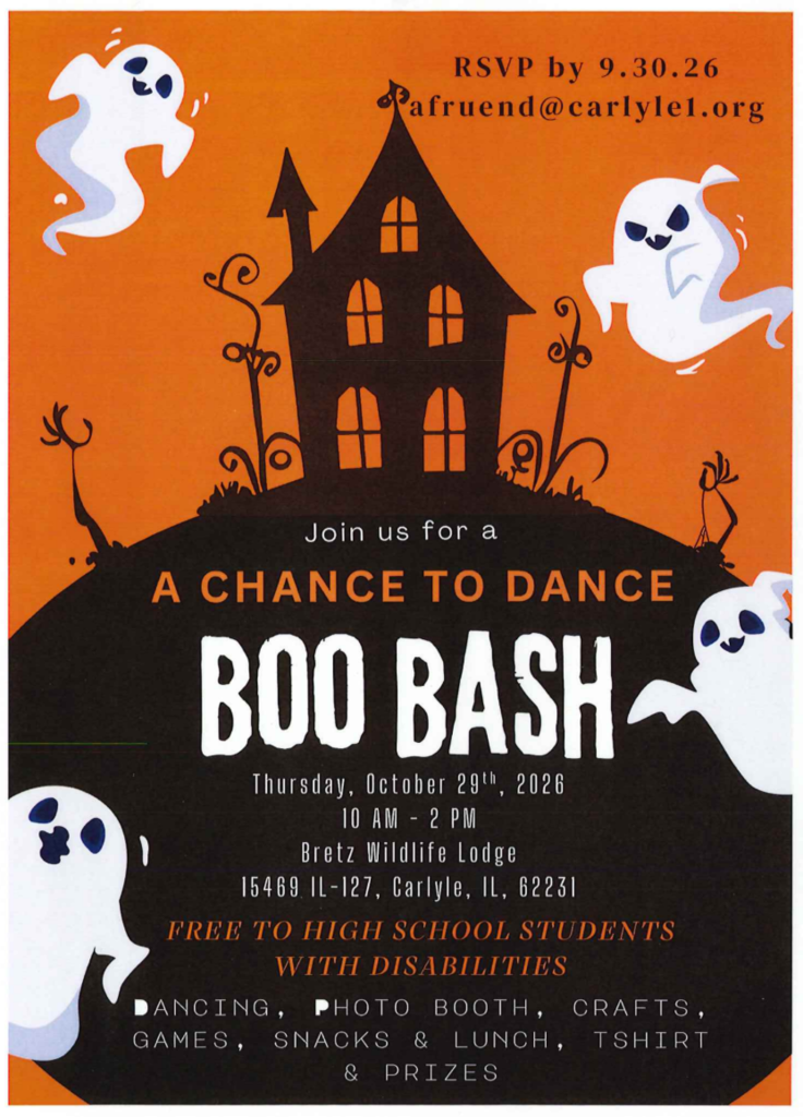 Event flyer for "A Chance to Dance: Boo Bash" featuring a dark haunted house on a hill, friendly cartoon ghosts, and an orange background.