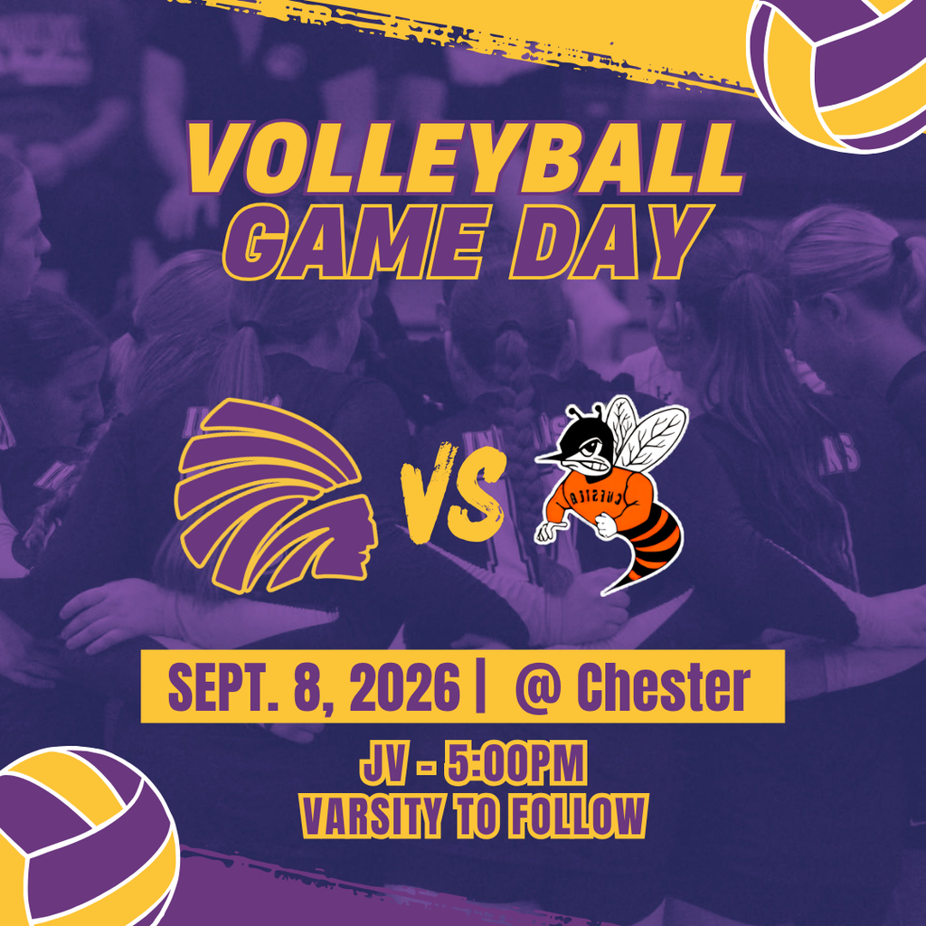 Purple and gold volleyball game-day graphic featuring a photo of Carlyle volleyball players in the background. Large gold and purple text reads “VOLLEYBALL GAME DAY.” Carlyle’s Indians logo and an opposing team mascot are displayed in the center with “VS” between them. The bottom of the graphic states “SEPT. 8, 2026 | @ Chester,” followed by “JV – 5:00PM” and “VARSITY TO FOLLOW.” Volleyball graphics appear in the top-right and bottom-left corners.