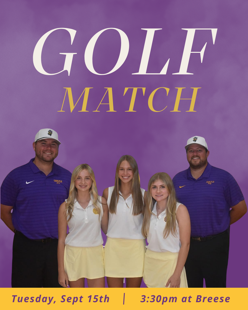 Golf Match graphic featuring three girls’ golfers and two coaches in purple and gold uniforms, with text reading ‘Golf Match’ and ‘Tuesday, Sept 15th | 3:30pm at Breese.
