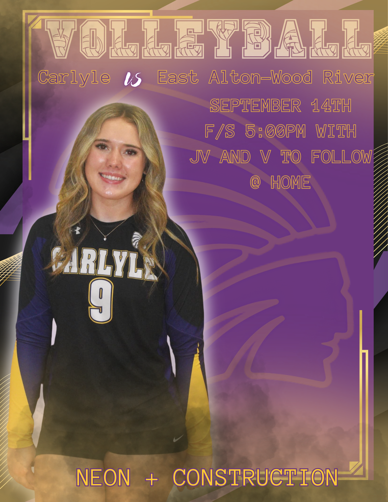  A female volleyball player wearing a black-and-purple Carlyle volleyball jersey (#9) is prominently featured in the lower-left/center. She is smiling and posed facing the camera. Large outlined varsity-style lettering across the top reads “VOLLEYBALL.”  Beneath the headline, the poster announces “Carlyle vs East Alton-Wood River.”