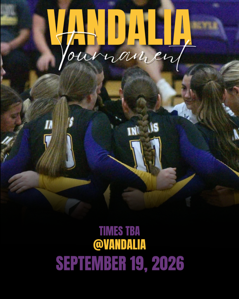 Vandalia volleyball tournament poster featuring a group of girls in purple, gold, and black uniforms huddled together on the court. Bold yellow text reads “VANDALIA,” with “Tournament” in white script. The poster announces September 19, 2026, with times to be determined and the handle @VANDALIA.