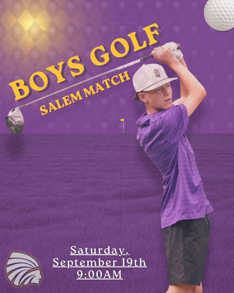 Purple-themed golf graphic featuring a young golfer mid-swing. Large yellow text reads “BOYS GOLF” and “SALEM MATCH.” The event details at the bottom read “Saturday, September 19th, 9:00 AM.” A golf ball and school logo appear in the design.