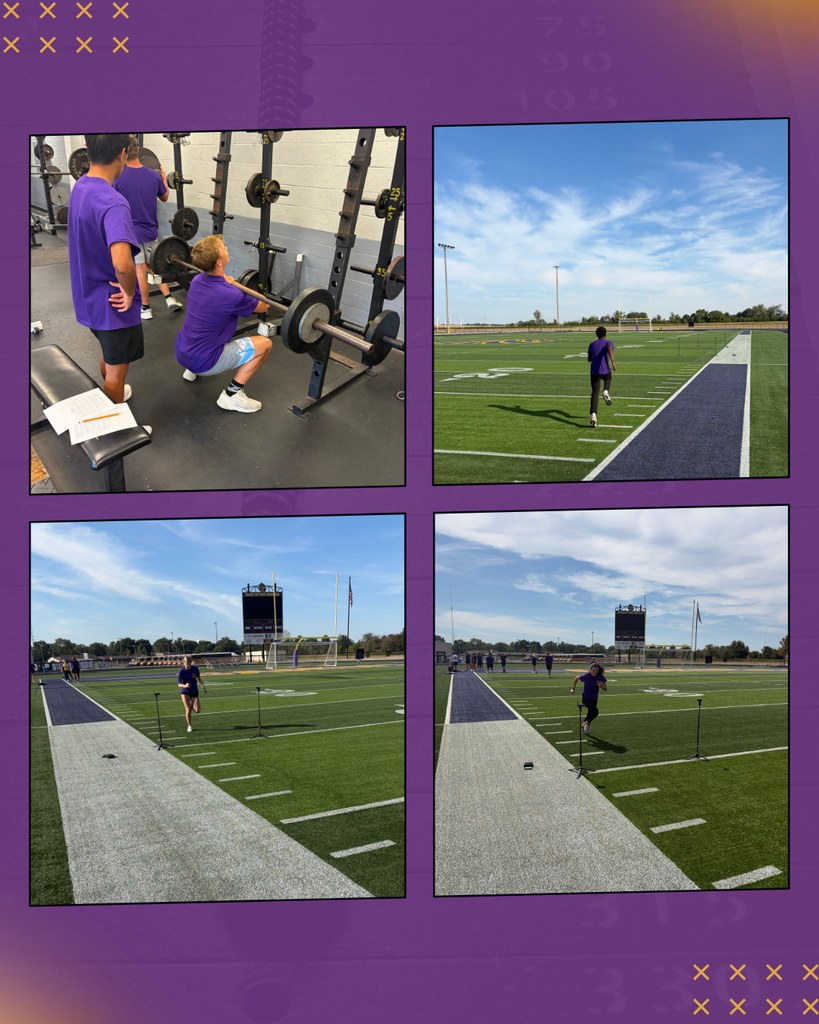 Photo collage.. Image 1: A student in a purple shirt performs a barbell squat in the weight room while another student watches and assists nearby.  Image 2: A student in a purple shirt runs across the football field during a conditioning workout on a sunny day.  Image 3: A student in a purple shirt runs through a conditioning drill on the football field, approaching a series of low hurdles.  Image 4: A student in a purple shirt runs through a hurdle drill on the football field while other students participate in the workout in the background.