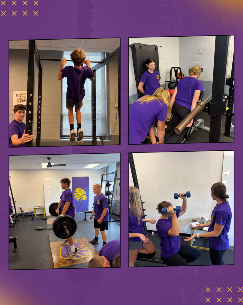 Photo collage.. Image 5: A student in a purple shirt performs a pull-up on a weight rack while another student watches nearby.  Image 6: Three students in purple shirts work together in the weight room while one student performs an exercise using a barbell.  Image 7: A student in a purple shirt performs a barbell lift in the weight room while classmates watch.  Image 8: Students in purple shirts work together in the weight room as one student performs a seated dumbbell shoulder press.