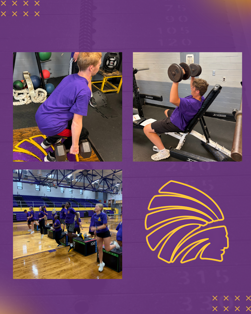 Photo collage.. Image 9: A student in a purple shirt performs a dumbbell exercise in the weight room.  Image 10: A student in a purple shirt performs a seated dumbbell press on an incline bench in the weight room.  Image 11: Students in purple shirts participate in a conditioning workout in the gym, performing exercises using plyometric boxes.