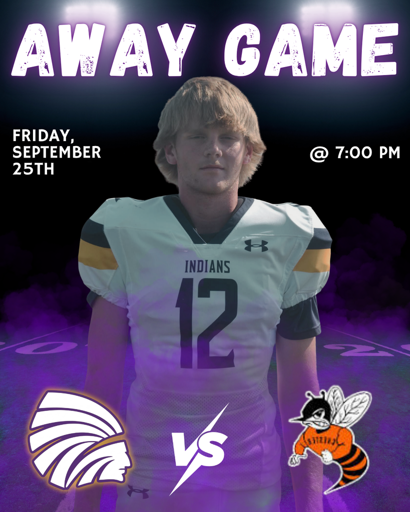 Game day football poster featuring a player wearing an Indians jersey with number 12. The poster announces an away game on Friday, September 25th at 7:00 PM, with the Indians logo facing an orange-and-black bee mascot and “VS” between the two teams. The design uses a dark background with purple smoke and bright stadium lights