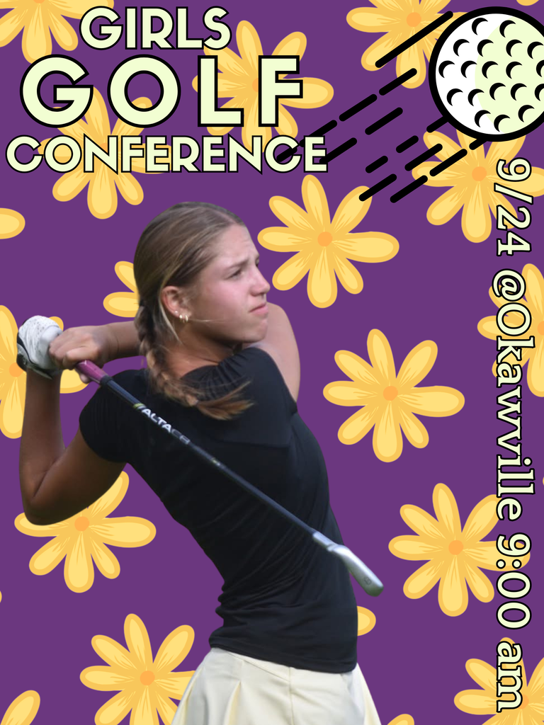Girls Golf Conference graphic featuring a female golfer mid-swing against a purple background decorated with bright yellow flowers. Text reads “GIRLS GOLF CONFERENCE” and “9/24 @ Oakville 9:00 am,” with a golf ball graphic in the upper-right corner.