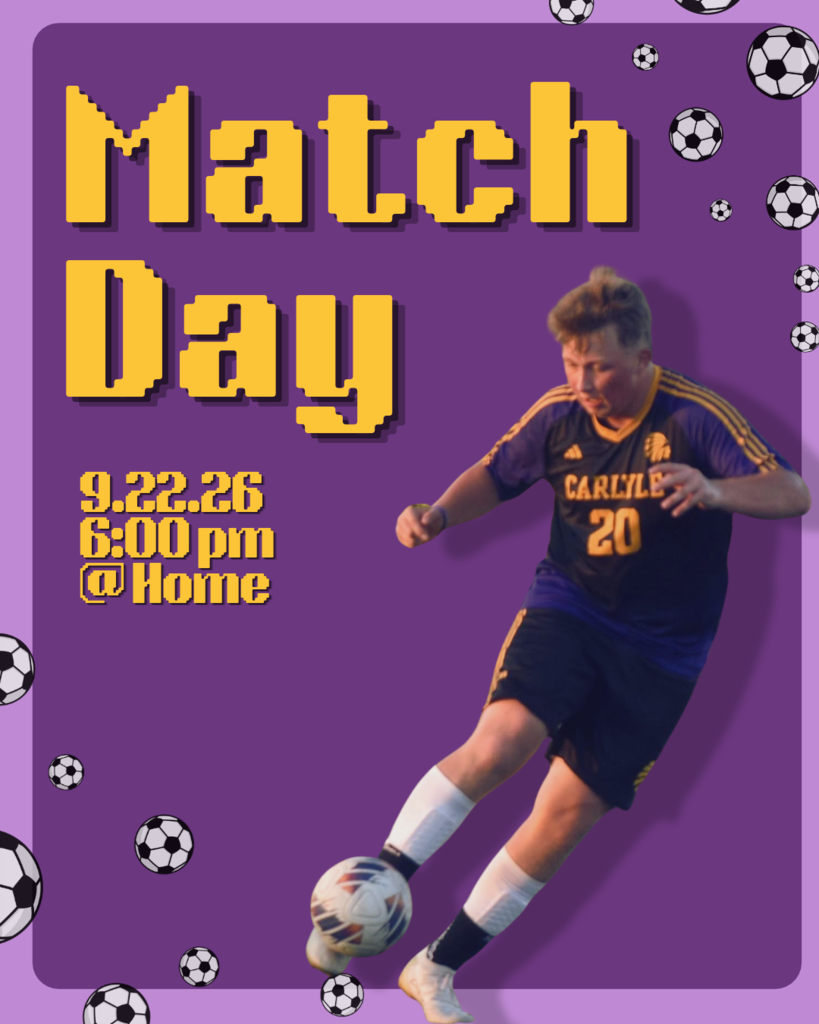 Carlyle Indians soccer game graphic featuring a Carlyle soccer player wearing a purple and gold uniform with number 20, kicking a soccer ball. The graphic announces a home game on September 22, 2026, at 6:00 p.m.