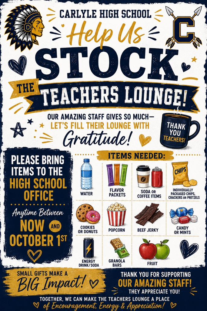 A graphic stating that you can drop off donated items at the high school anytime between now and October 1 with a list of suggested items