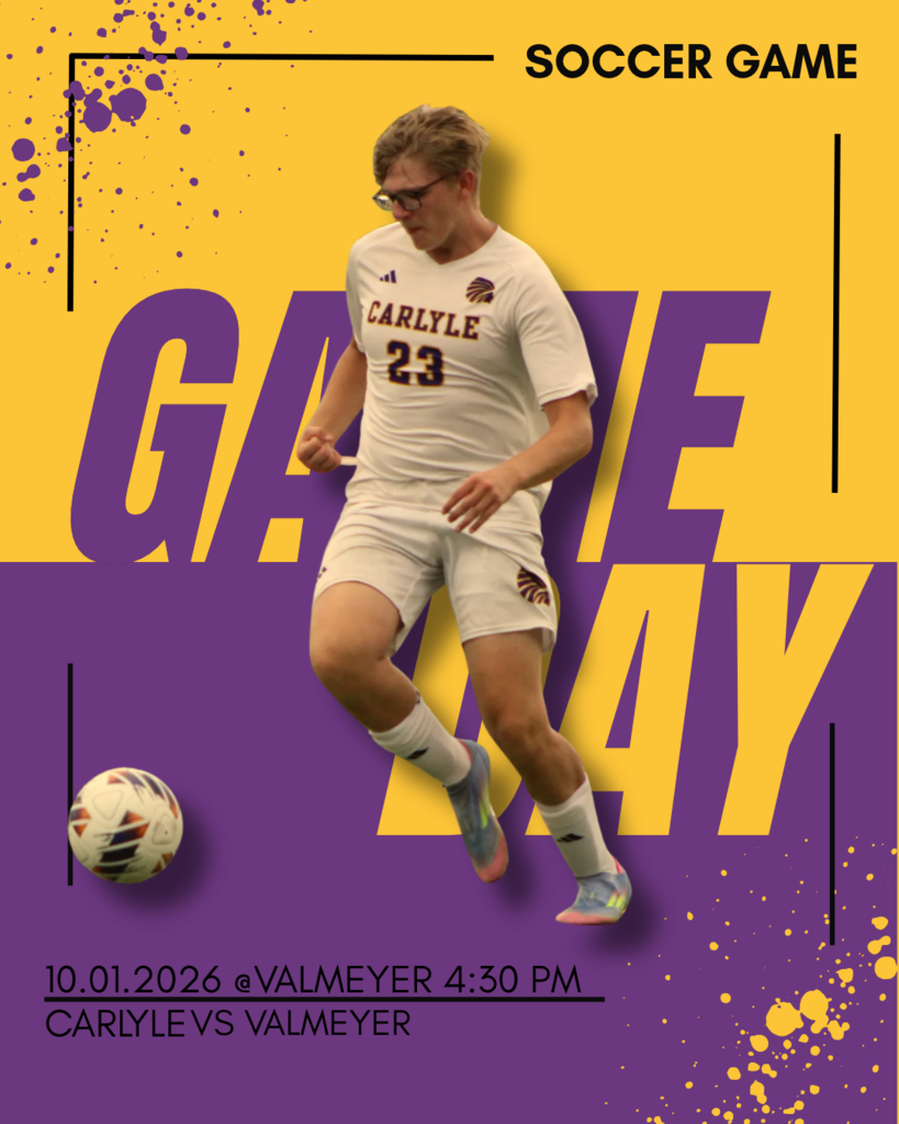 Dynamic soccer game-day graphic in purple and gold featuring a Carlyle soccer player wearing jersey #23 in action, with a soccer ball and paint-splatter accents. Text reads “SOCCER GAME,” “10.01.2026 @ VALMEYER 4:30 PM,” and “CARLYLE VS VALMEYER.”