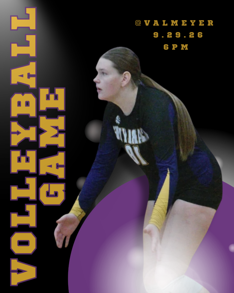 A volleyball player in a black-and-purple uniform is shown in action against a dark background. Large vertical gold text on the left reads “VOLLEYBALL GAME" and gold text at the top right reads “@VALMEYER,” “9.29.26,” and “6 PM.” Purple and gold abstract shapes and glowing circles decorate the lower portion of the graphic.