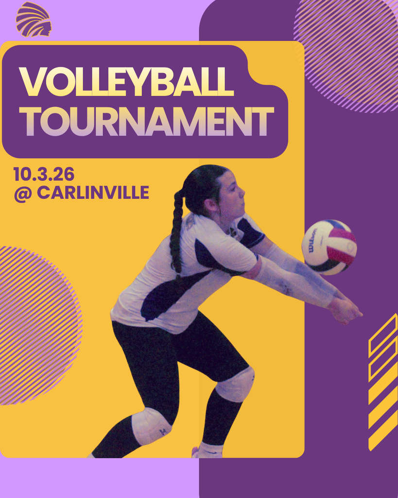 Purple and gold volleyball tournament graphic featuring a female volleyball player diving to bump a volleyball. Text reads “VOLLEYBALL TOURNAMENT,” “10.3.26,” and “@ CARLINVILLE.” Decorative striped circles and geometric shapes frame the design.