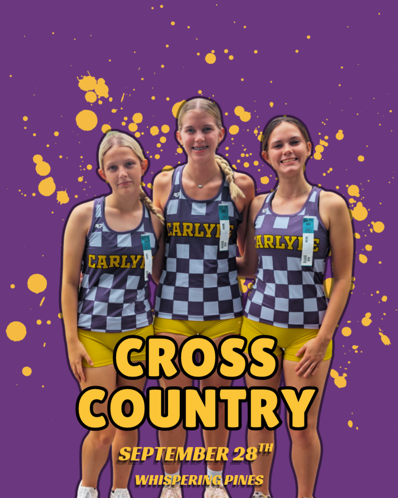 Three female high school cross country runners wearing purple and white checkered singlet jerseys and yellow shorts pose together against a purple background with yellow paint splatters. Bold yellow text reads "CROSS COUNTRY," "SEPTEMBER 28TH," and "WHISPERING PINES."