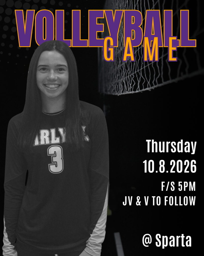 A black-and-white volleyball game poster featuring a smiling female volleyball player wearing a jersey with the number 3. Large purple and orange text reads “VOLLEYBALL GAME.” The poster announces a game on Thursday, October 8, 2026, with the freshman/sophomore game at 5 PM and JV and varsity games to follow. The event is at Sparta.