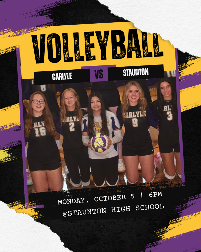 Volleyball game-day graphic featuring five Caryle volleyball players posing with a volleyball. Text announces Caryle vs. Staunton on Monday, October 5, at Staunton High School, @6 PM