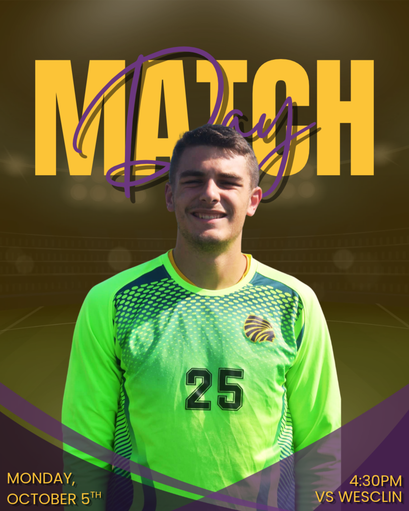 Soccer match-day graphic featuring a smiling goalkeeper in a bright green jersey with number 25. Large yellow “MATCH” text and purple script overlay the background. Text announces the Borcelle Tournament vs. Wesclin on Saturday, October 10.