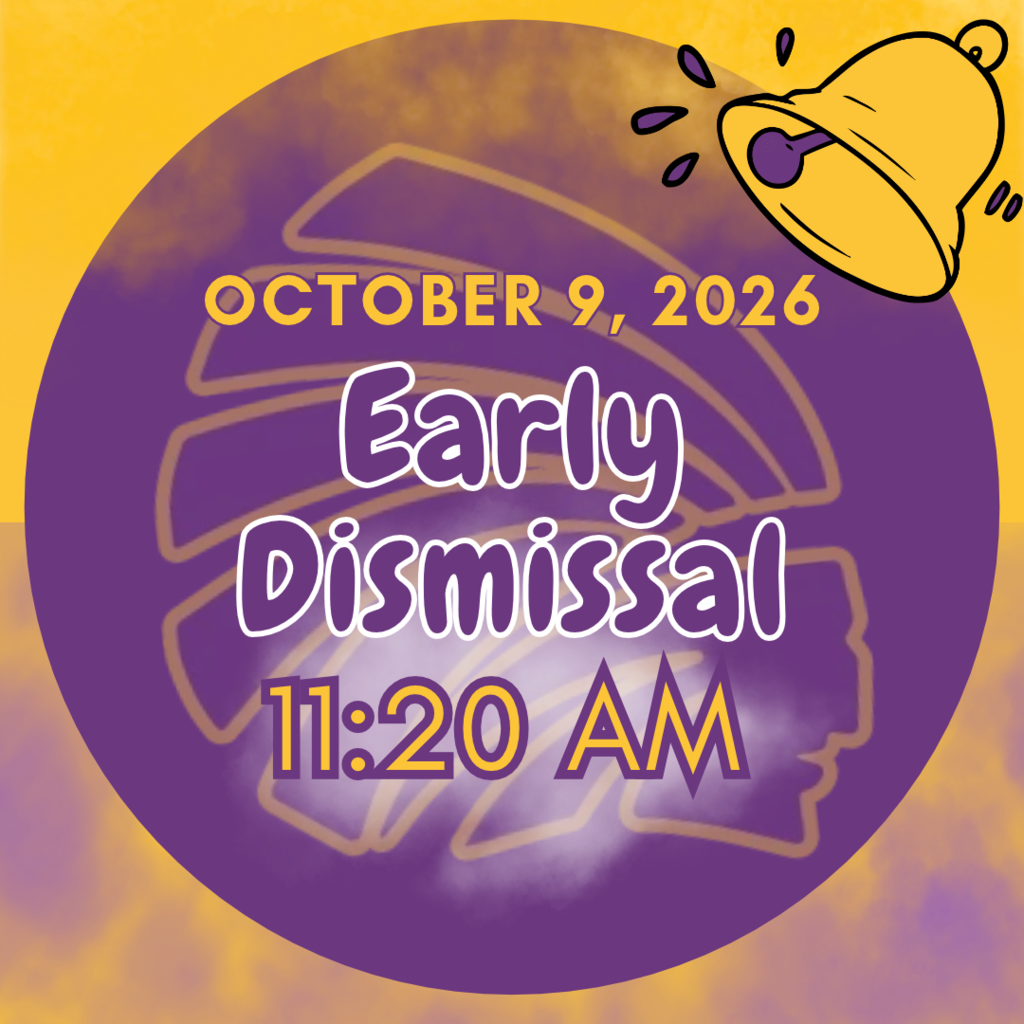 Graphic announcing an early dismissal at Carlyle High School on October 9, 2026, at 11:20 a.m. The graphic features a purple and gold school-themed design with a ringing bell illustration in the upper-right corner.