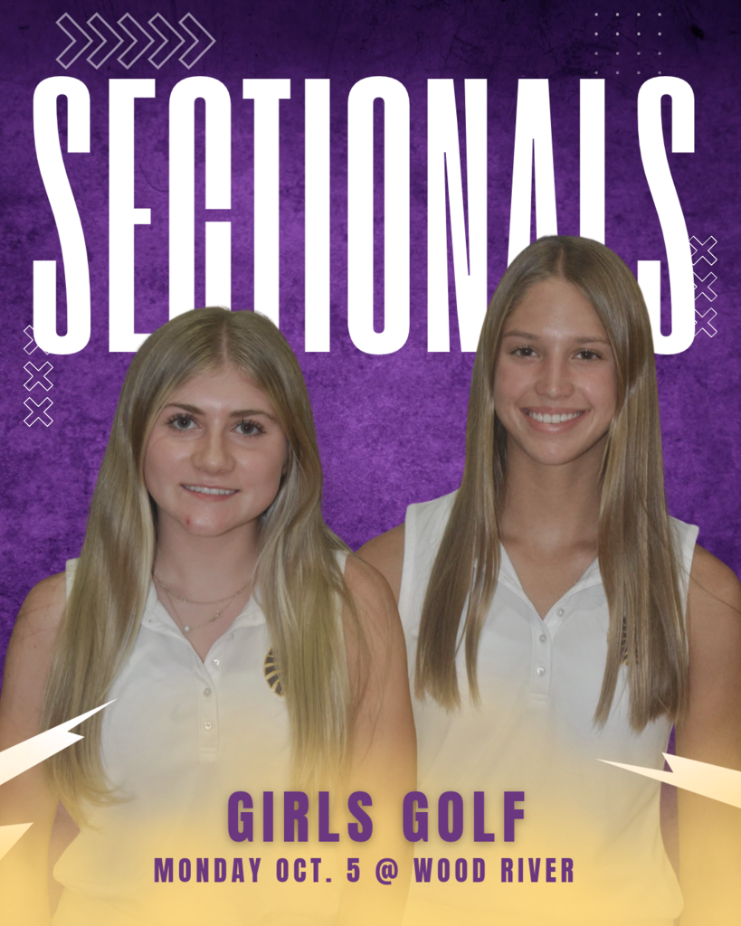 A promotional graphic with a purple textured background announcing "SECTIONALS" in large white text at the top. Two smiling female golfers in white collared shirts stand side-by-side in the foreground. At the bottom, text reads "GIRLS GOLF" in purple and "MONDAY OCT. 5 @ WOOD RIVER" in purple lettering over a light yellow banner.