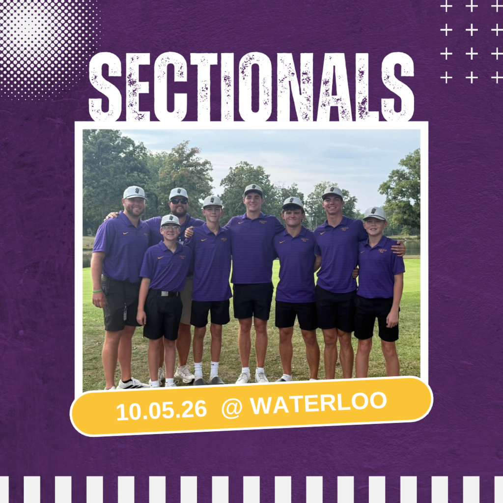 A promotional graphic with a dark purple background and distressed white lettering at the top reading "SECTIONALS". A framed photograph in the center shows seven members of a boys golf team—five players and two coaches—standing together outdoors on a golf course wearing matching purple shirts, dark shorts, and white hats. Below the photo, a yellow banner displays white text reading "10.05.26 @ WATERLOO".