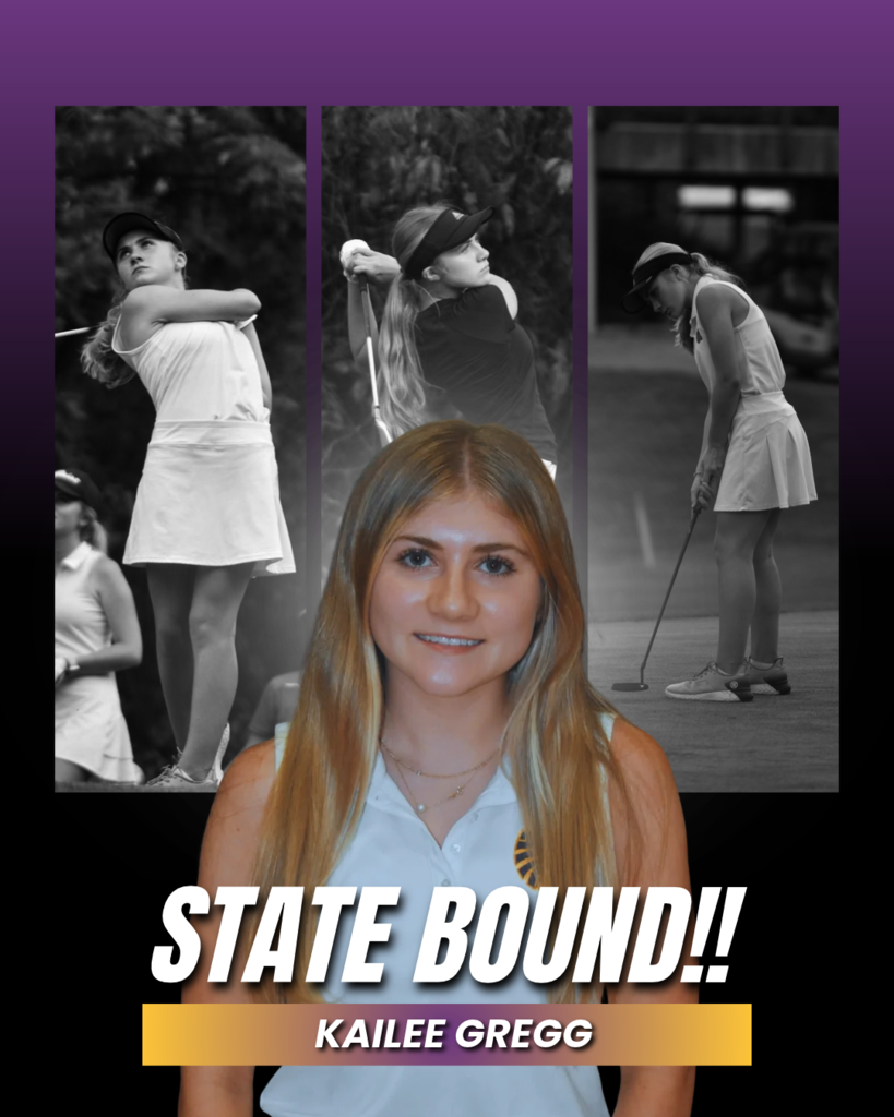 Graphic featuring Carlyle girls golfer Kailee Gregg in color in front of three black-and-white photos of her golfing. Text reads “STATE BOUND! Kailee Gregg.”