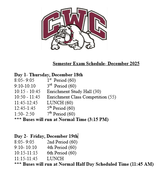 CWCHS Semester Exam Schedule