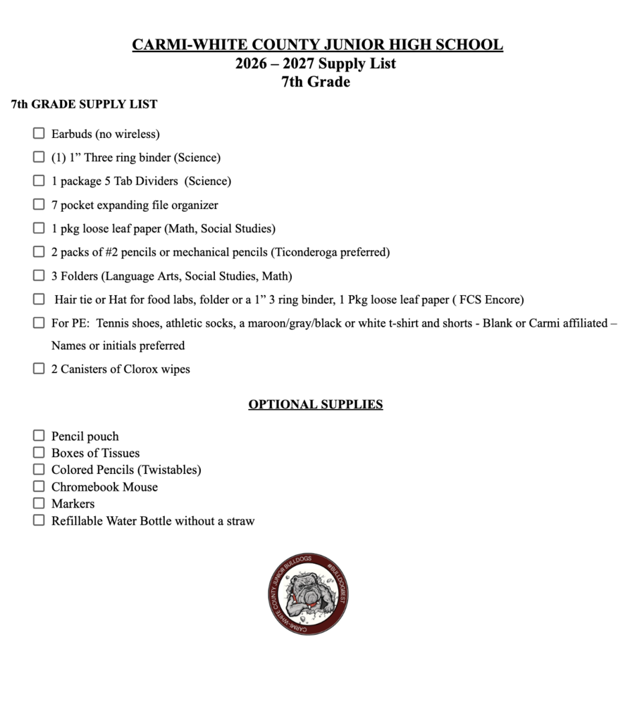 7th Grade Supply List