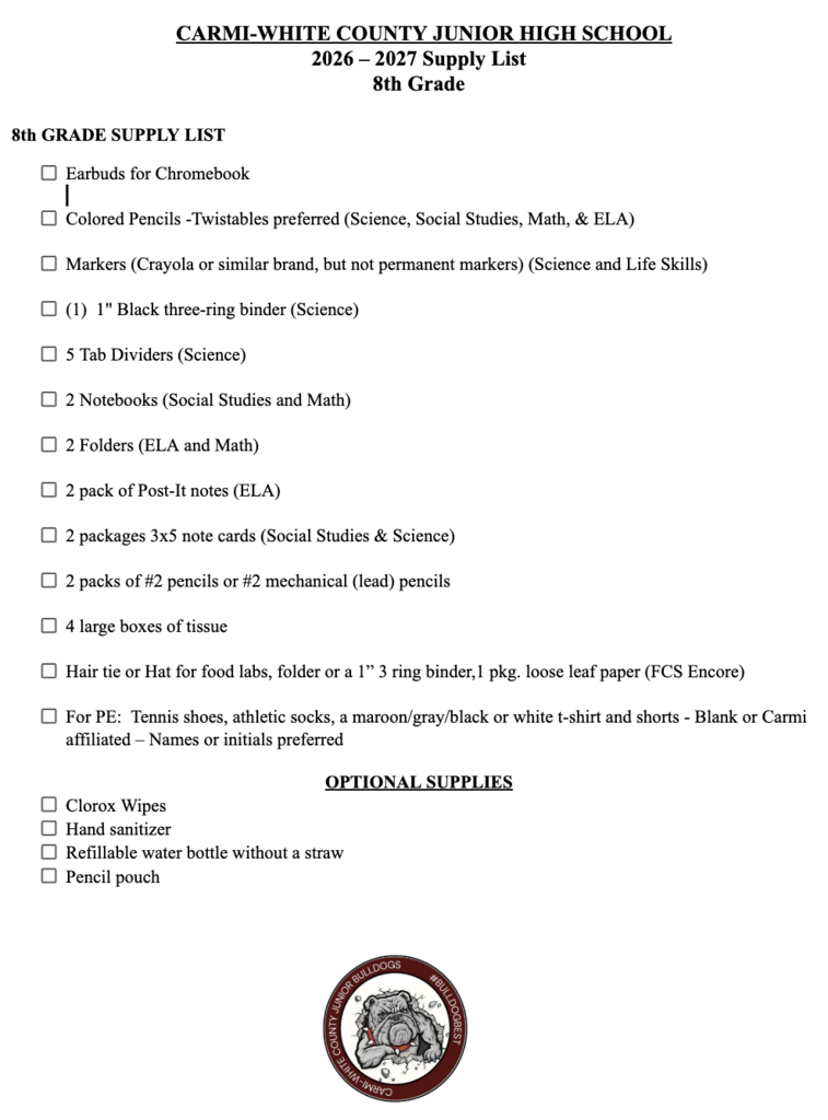 8th Grade Supply List