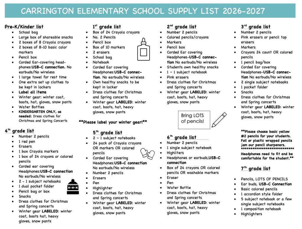 Elementary Student School Supply List 26/27