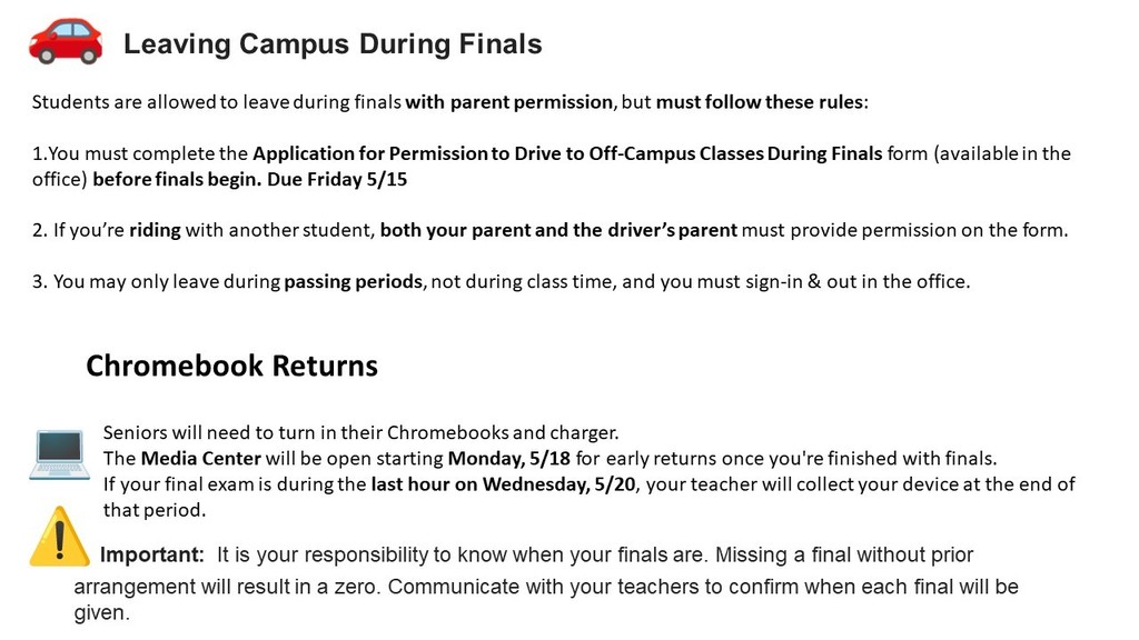 Spring Finals Info