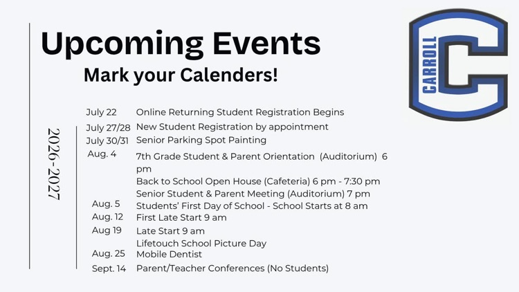 2026 27 Upcoming Events Beginning of School